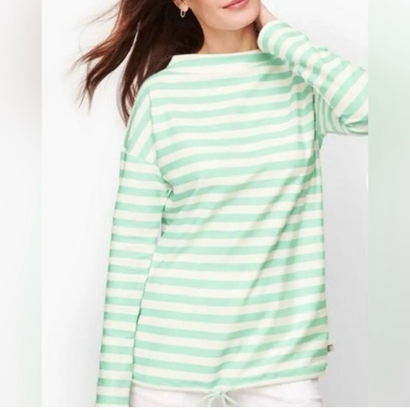 NWT T by Talbots Mint Green White Striped Mockneck Pullover Drawstring Hem XS - Picture 1 of 16